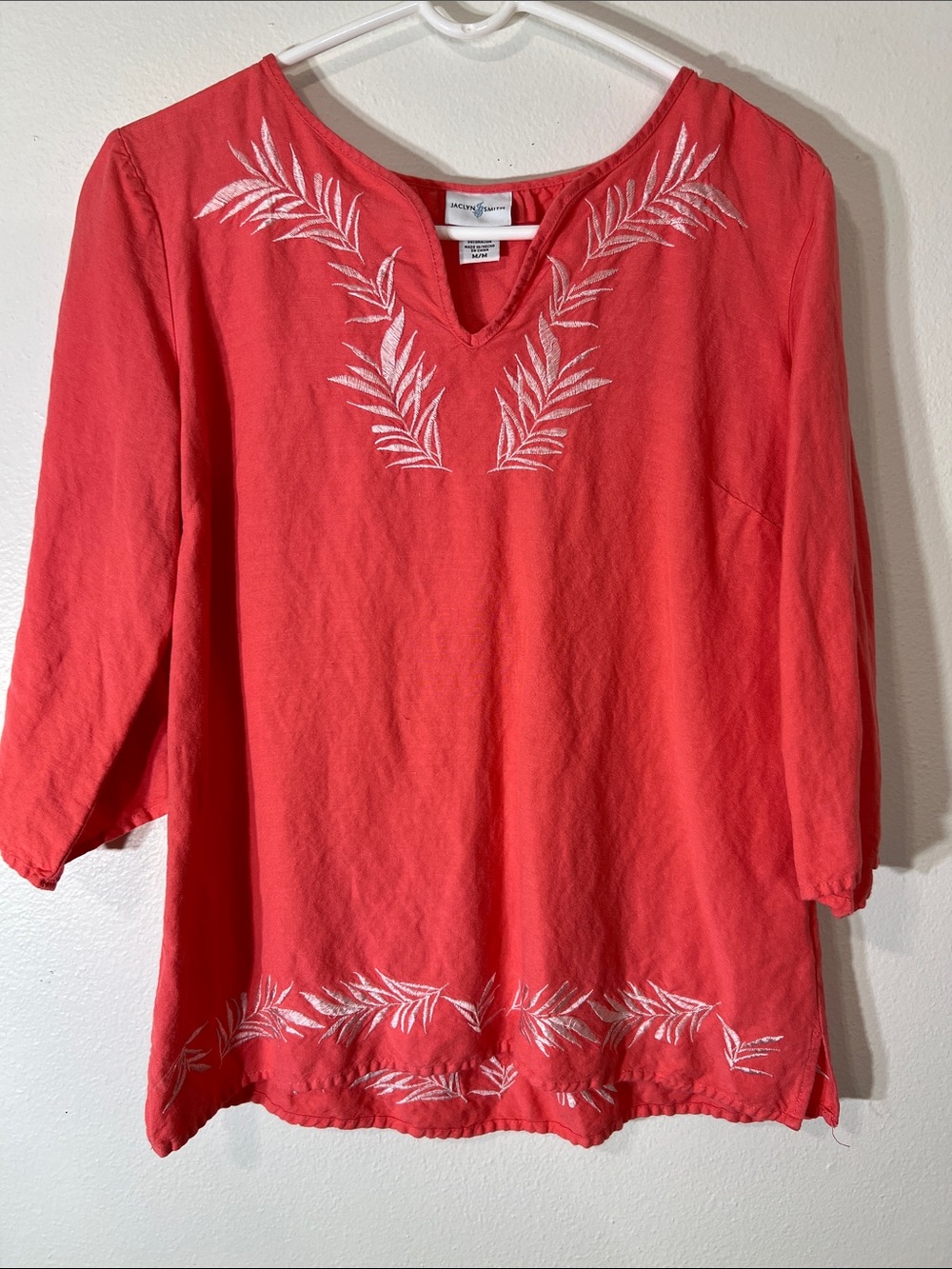 Jaclyn Smith Coral Tunic with White Leaf Embroidery 55% Linen